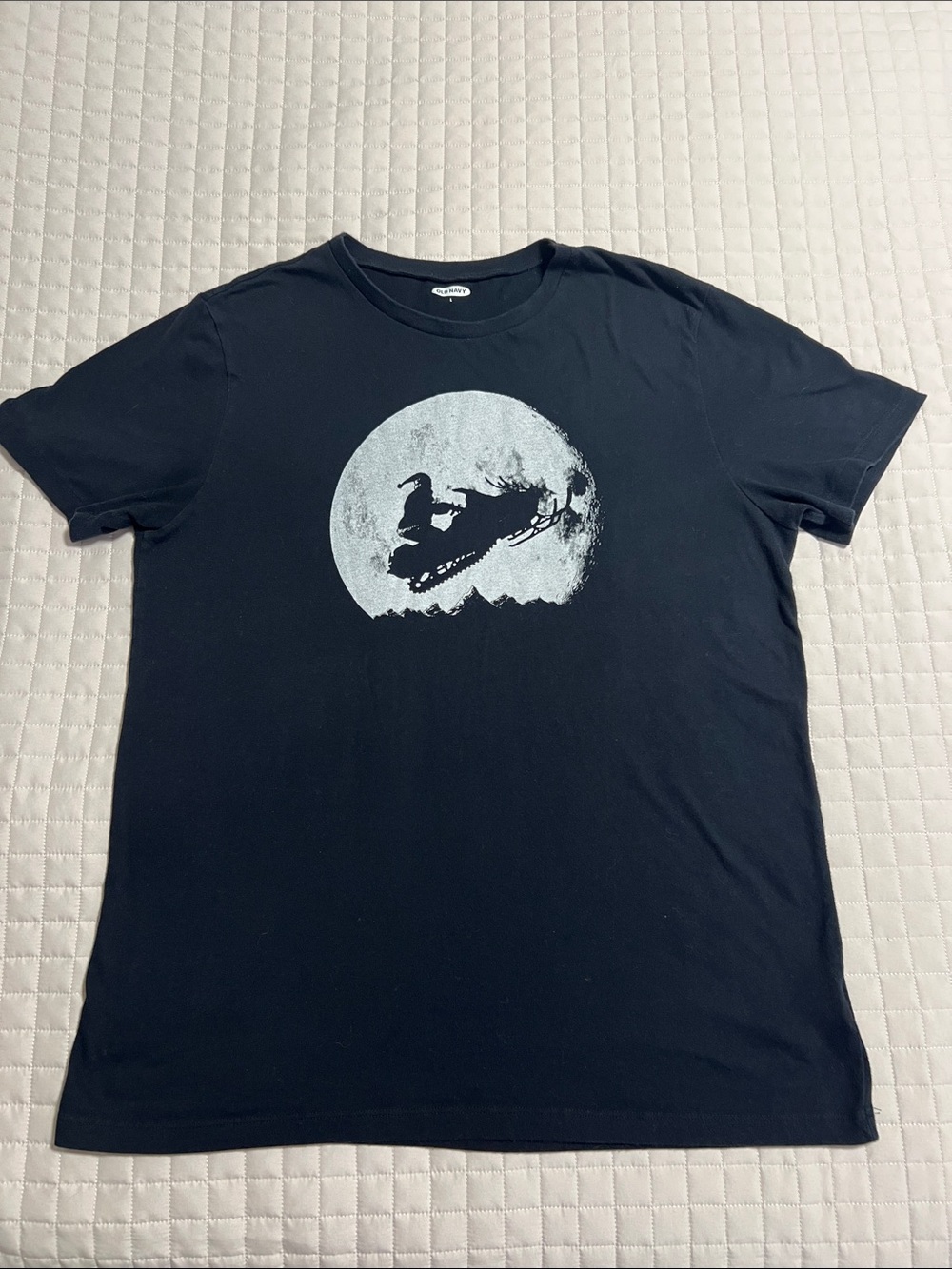 Old Navy Black Tee with Silver Moon and Snowmobile Graphic